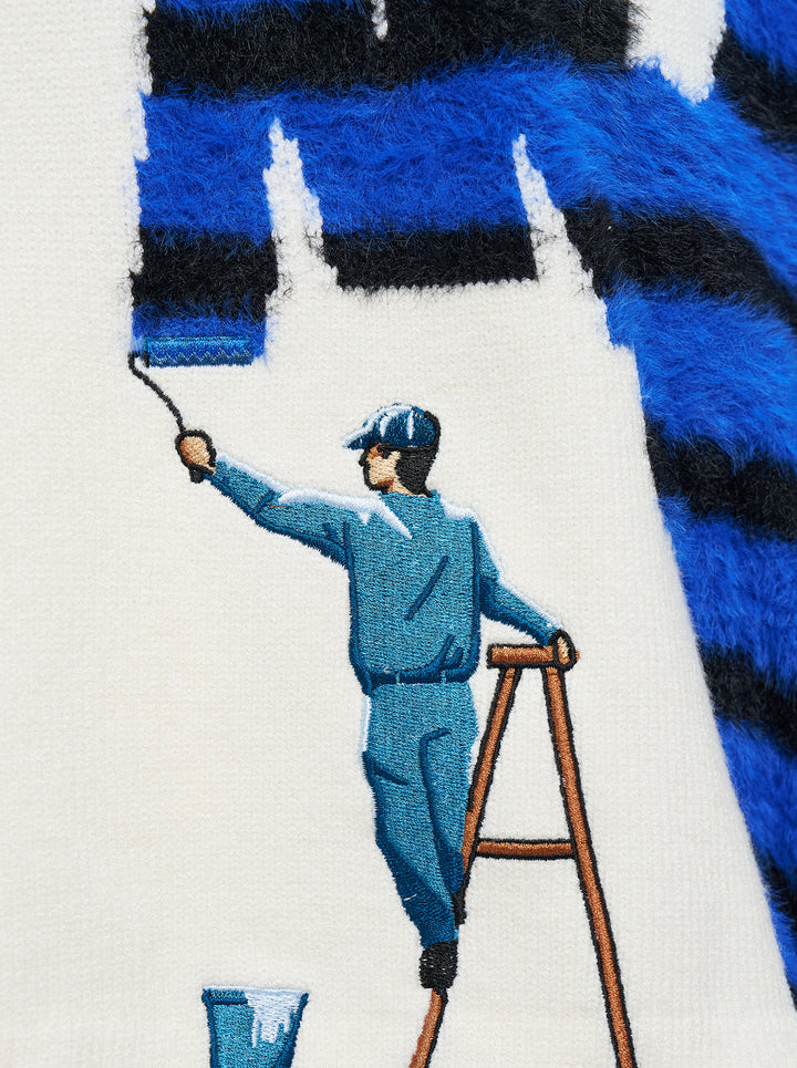 House of Errors Knitted Wall Painter Rugby Polo in cream with a brushed blue and black striped graphic and an embroidered painter on a ladder - view 3