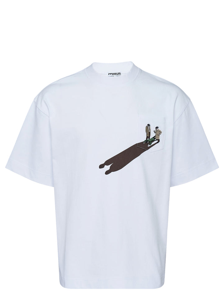 White House of Errors The Body Pocket T-Shirt with an embroidered detective scene on the chest pocket and a long printed shadow across the front