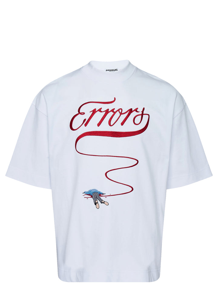 House of Errors Homespun Heavyweight Tee in white with red embroidered script lettering and a small embroidered figure graphic