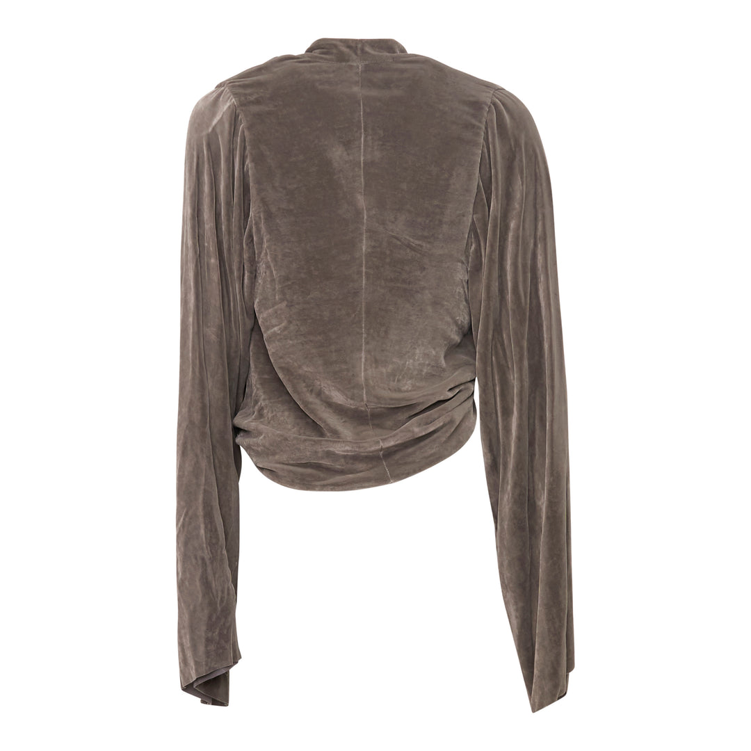 Rick Owens Velvet Twist Top in taupe, featuring a sculptural centre-front twist knot, deep V-neckline, long sleeves, and a cropped silhouette, photographed flat on a white background - view 2