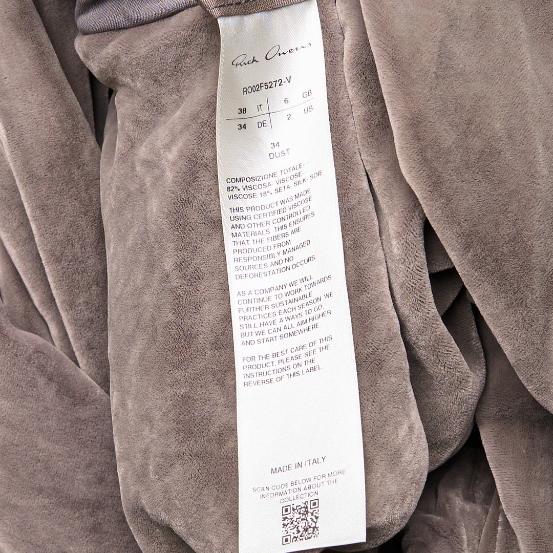 Rick Owens Velvet Twist Top in taupe, featuring a sculptural centre-front twist knot, deep V-neckline, long sleeves, and a cropped silhouette, photographed flat on a white background - view 3