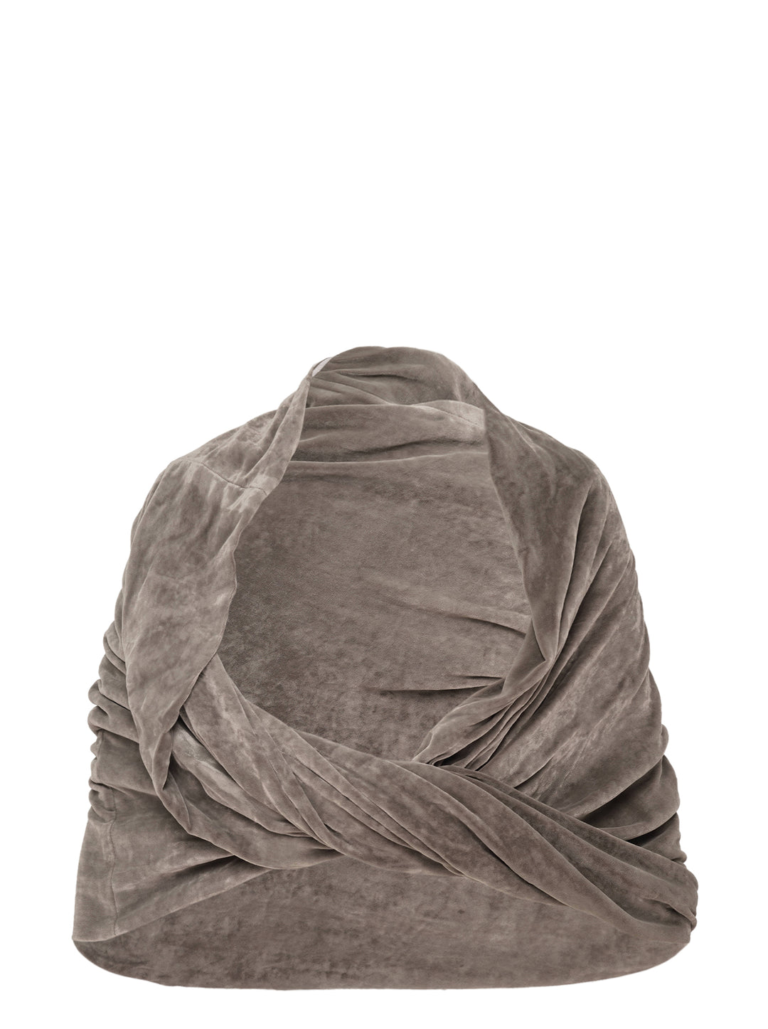 Rick Owens Twist Donut Cape in taupe velvet, shown flat with interlocking gathered folds and a sculptural draped silhouette