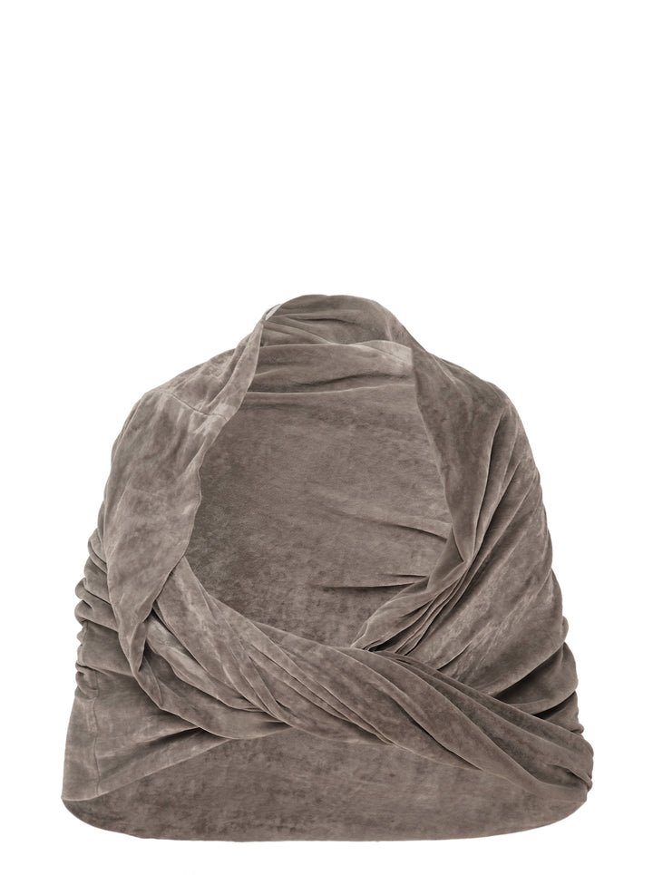 Rick Owens Twist Donut Cape in taupe velvet, shown flat with interlocking gathered folds and a sculptural draped silhouette
