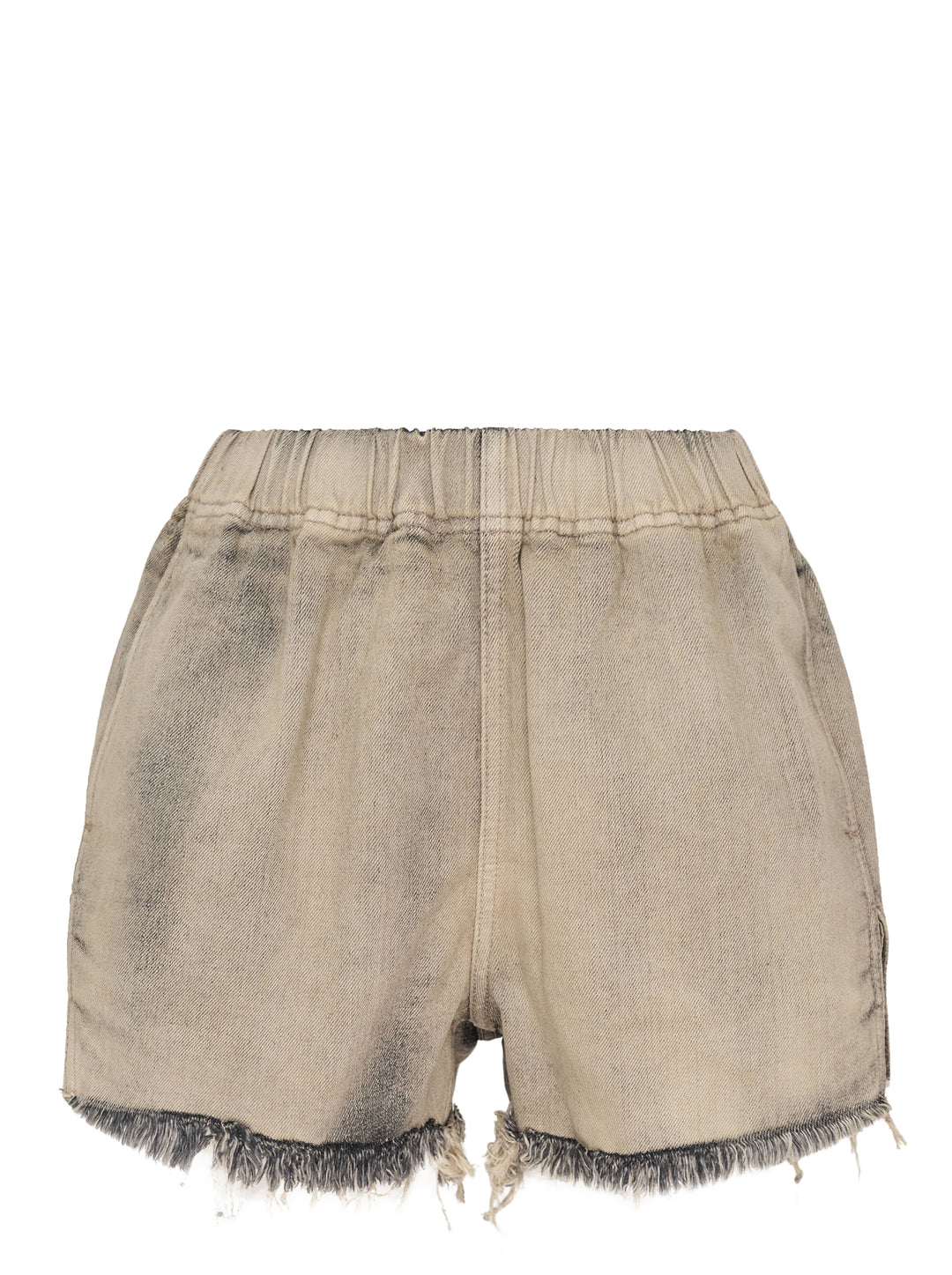 Rick Owens mineral wash denim shorts with elasticated waistband and raw frayed hem in washed beige-grey tone, back view on white background