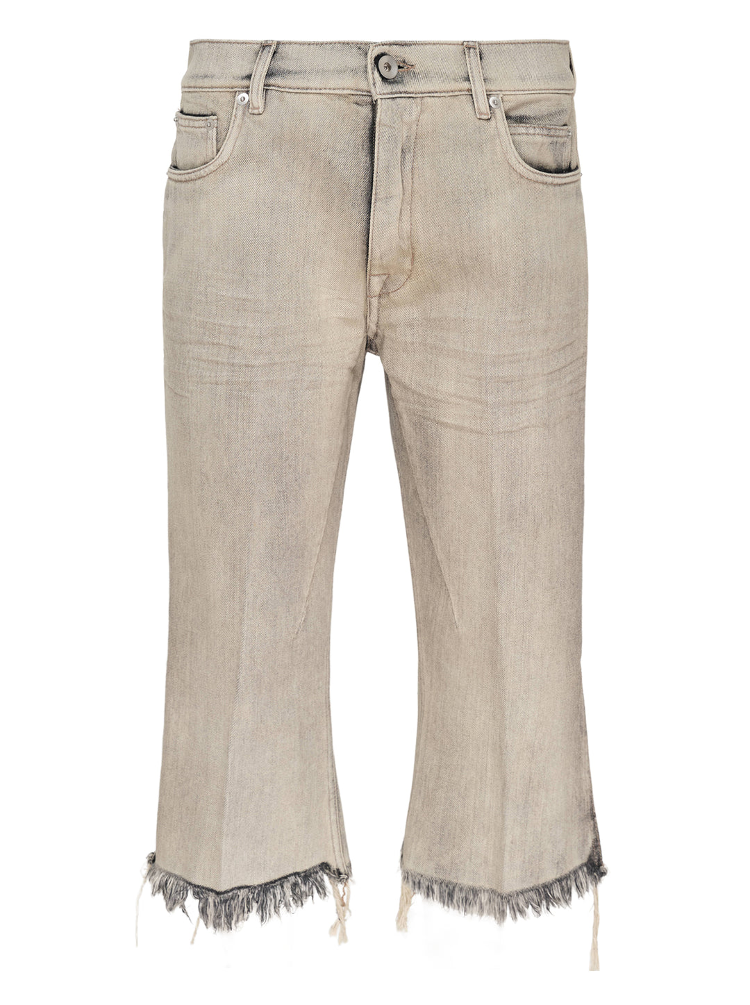 Rick Owens Bolan Cut cropped flare jeans in washed grey denim with heavily frayed raw hem and five-pocket construction, front view