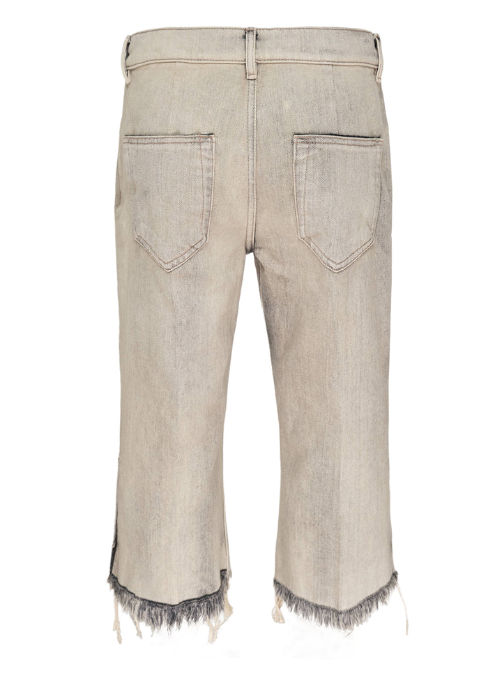 Rick Owens Bolan Cut cropped flare jeans in washed grey denim with heavily frayed raw hem and five-pocket construction, front view - view 2