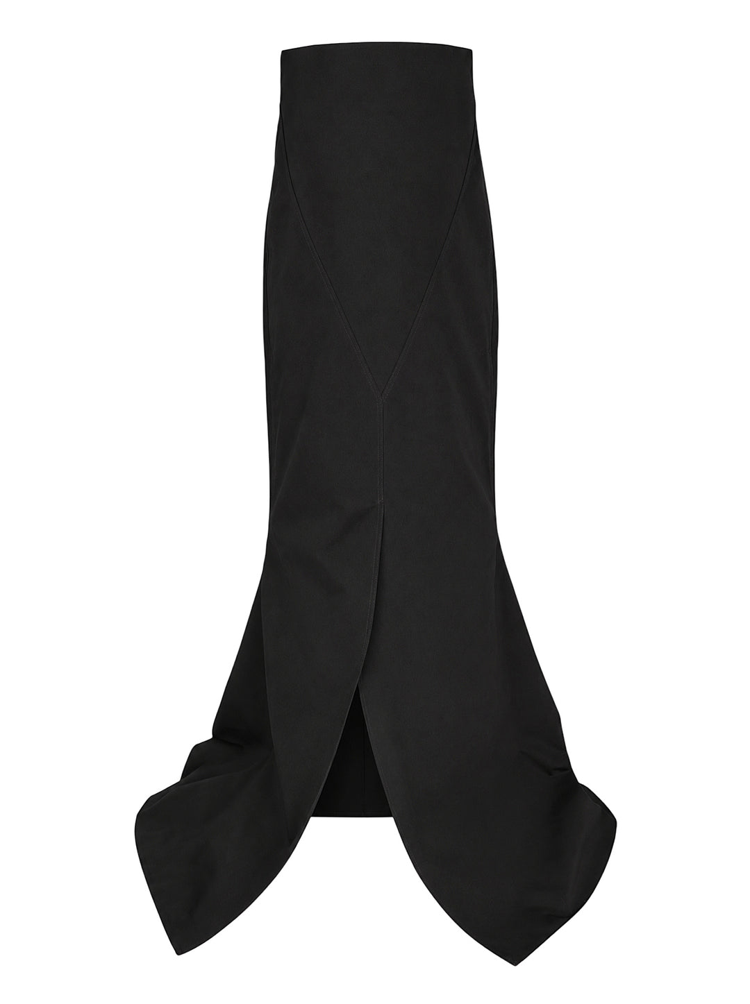 Black Rick Owens poly cotton canvas sheath dress with high waist, V-seam panelling and pointed petal hem