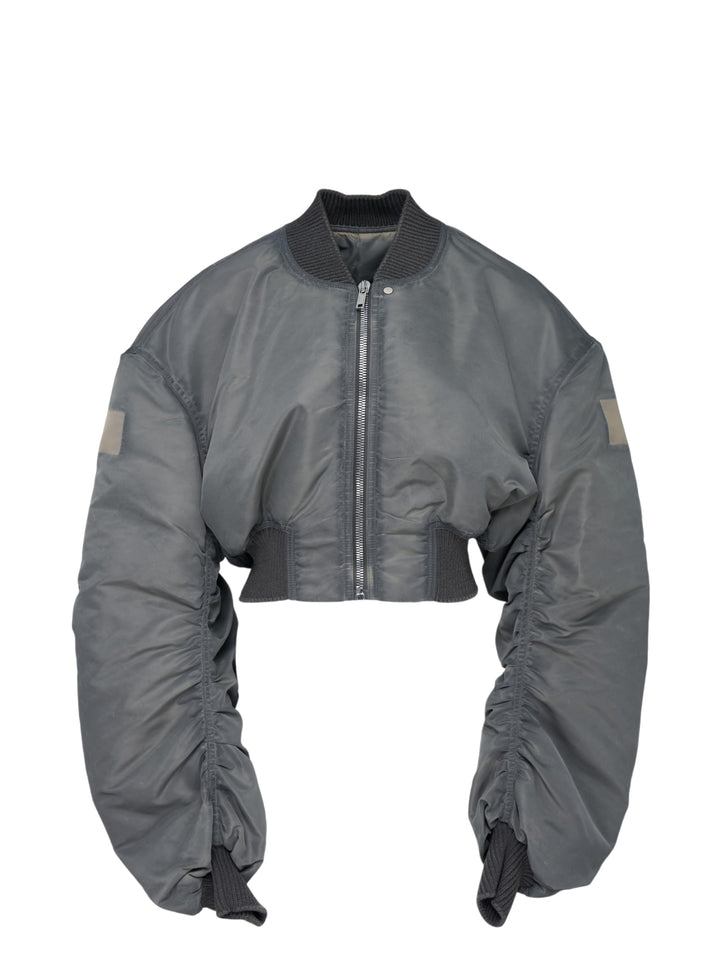 Rick Owens Micro Secchia washed bomber jacket in grey with cropped body, ruched oversized sleeves, ribbed trims and front zip closure