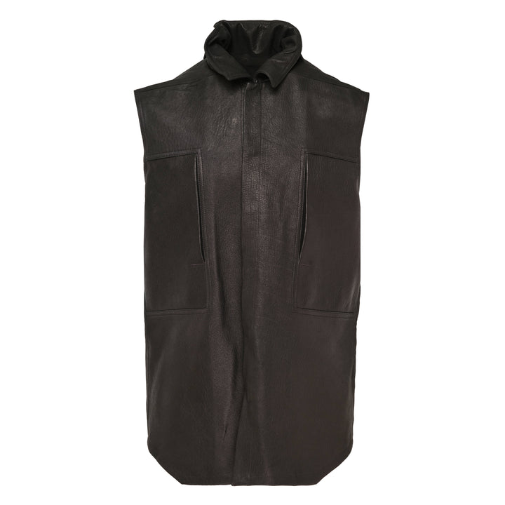 Rick Owens sleeveless black grained leather shirt with oversized draped collar, hidden front placket, and two patch pockets in a longline silhouette