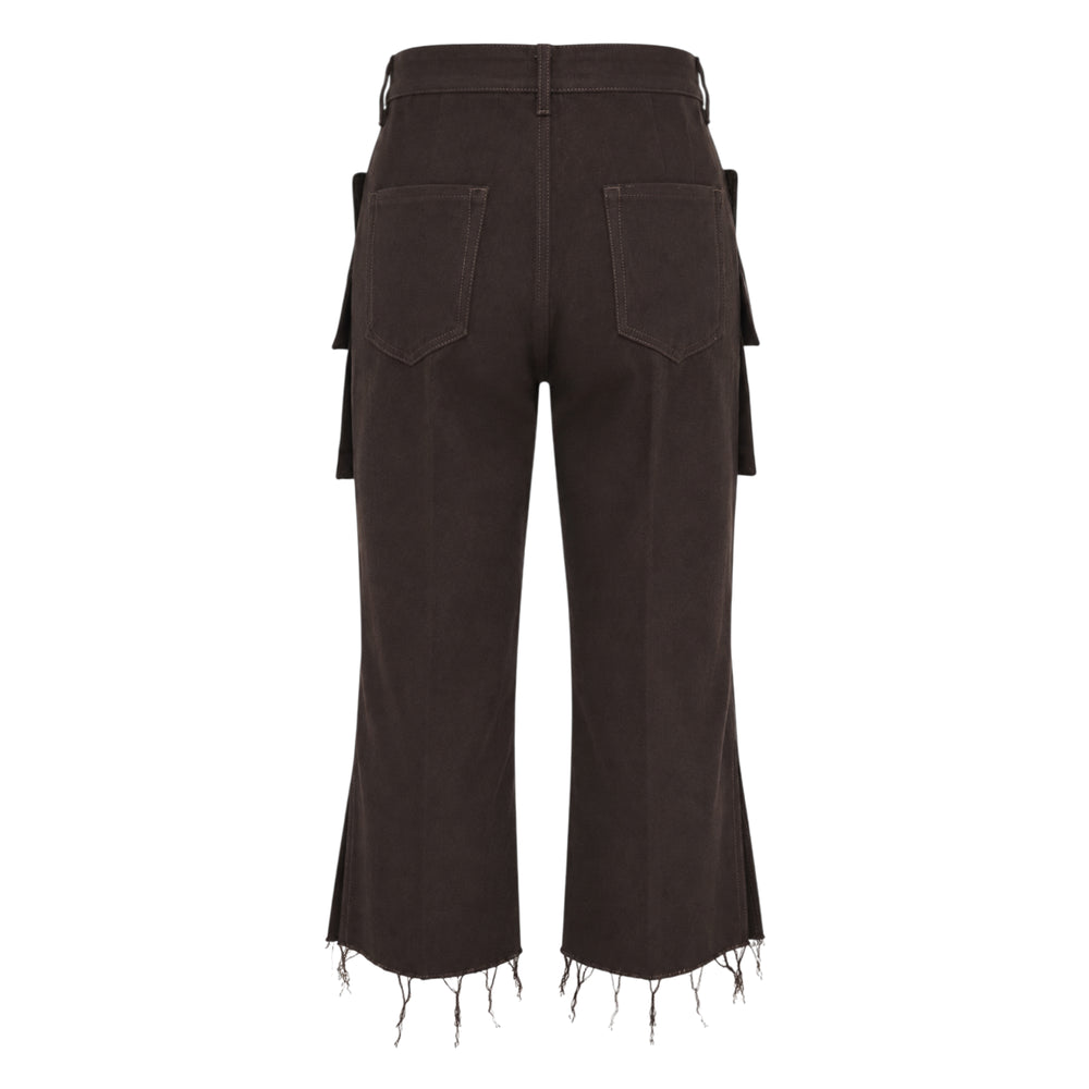 Rick Owens Cargo Bolan Cutoff Pants in dark brown denim, featuring oversized front patch pockets, contrast topstitching, and a raw frayed hem, photographed flat on a white background