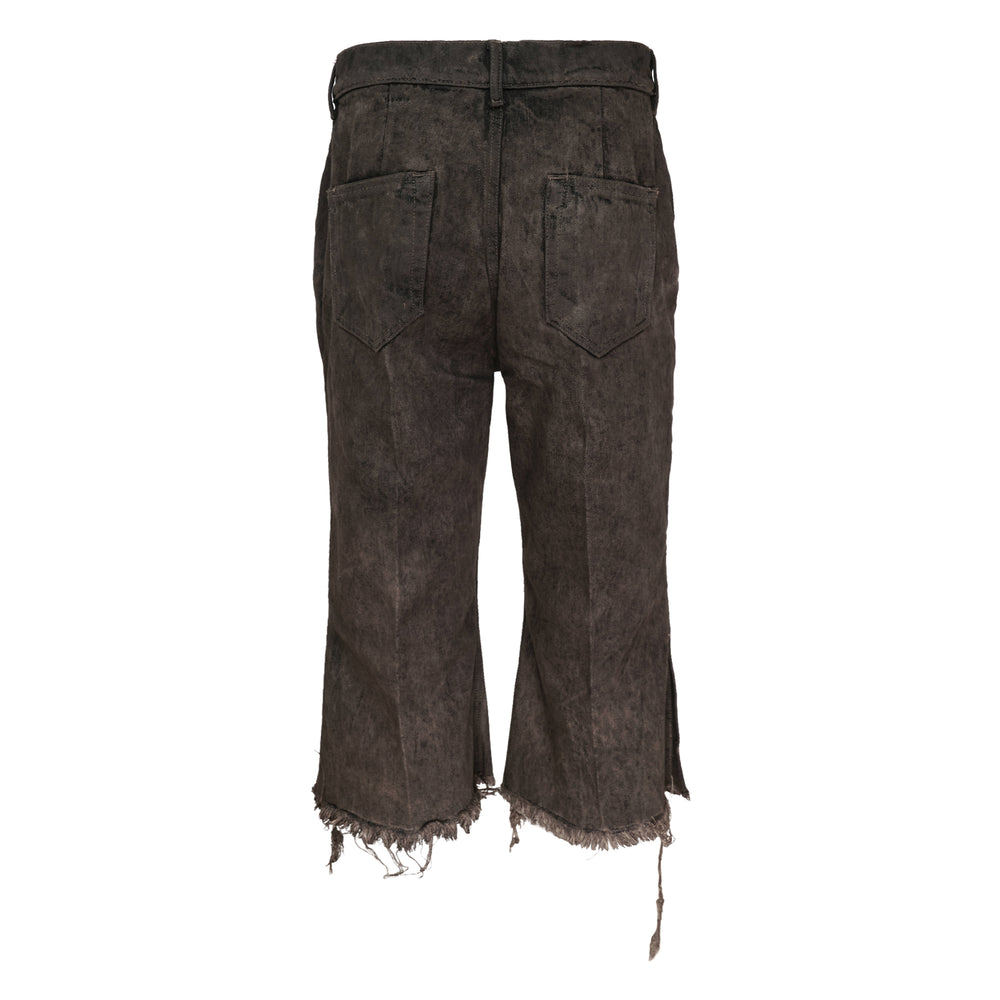 Rick Owens Bolan Cut cropped flared jeans in acid-washed black denim with raw frayed hem and five-pocket construction, front view - view 2