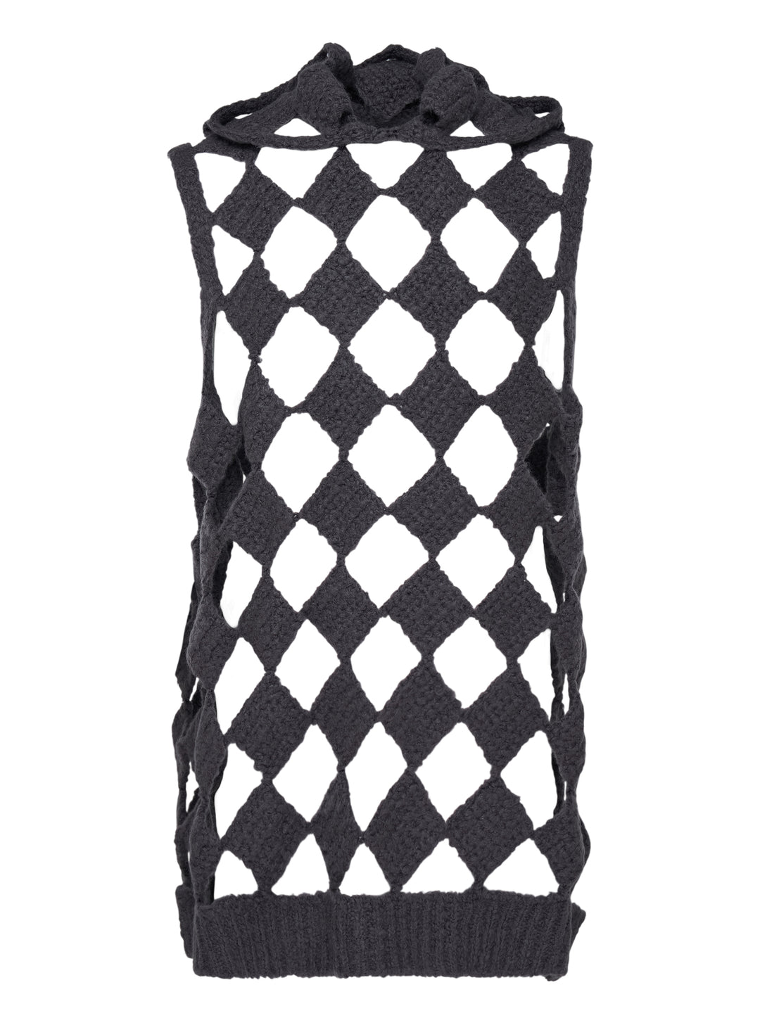 Rick Owens Sarutanya hooded tank in charcoal crochet knit with an open diamond lattice pattern and drawstring hood