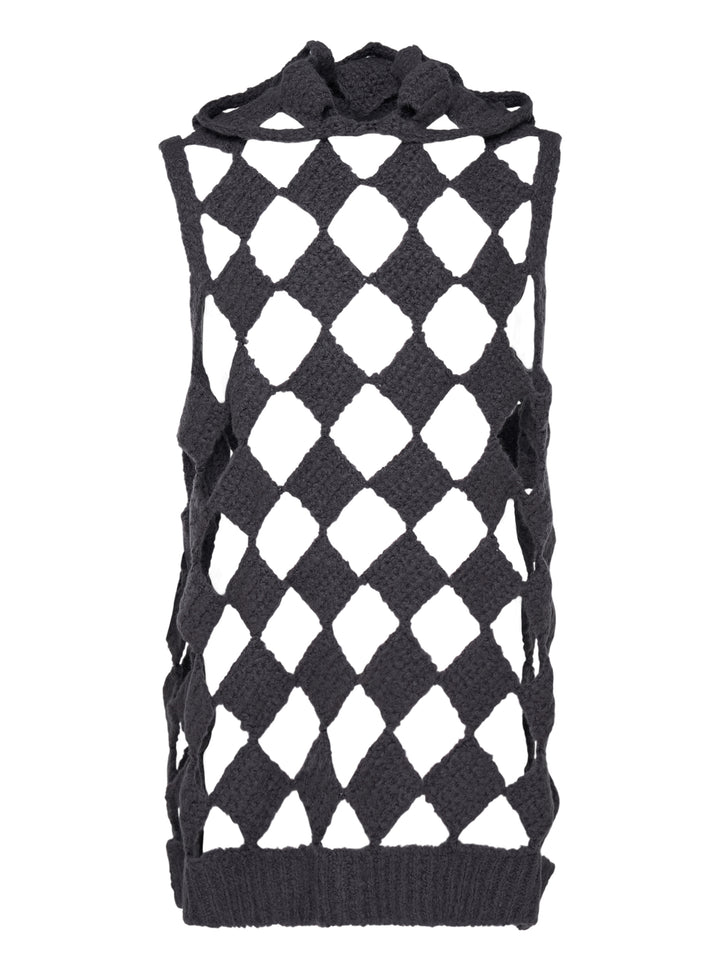 Rick Owens Sarutanya hooded tank in charcoal crochet knit with an open diamond lattice pattern and drawstring hood