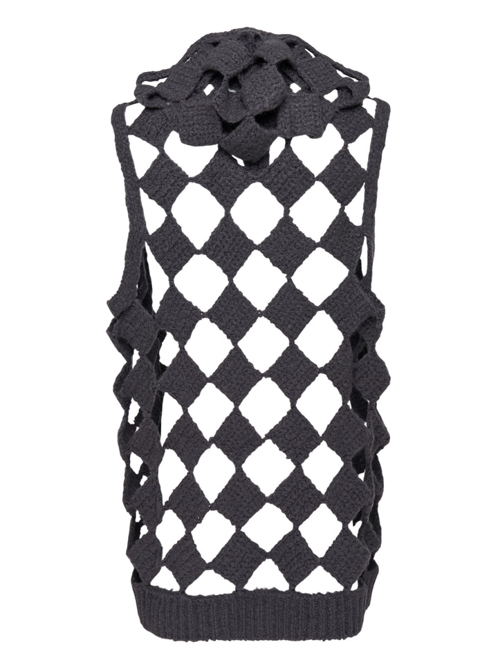 Rick Owens Sarutanya hooded tank in charcoal crochet knit with an open diamond lattice pattern and drawstring hood - view 2