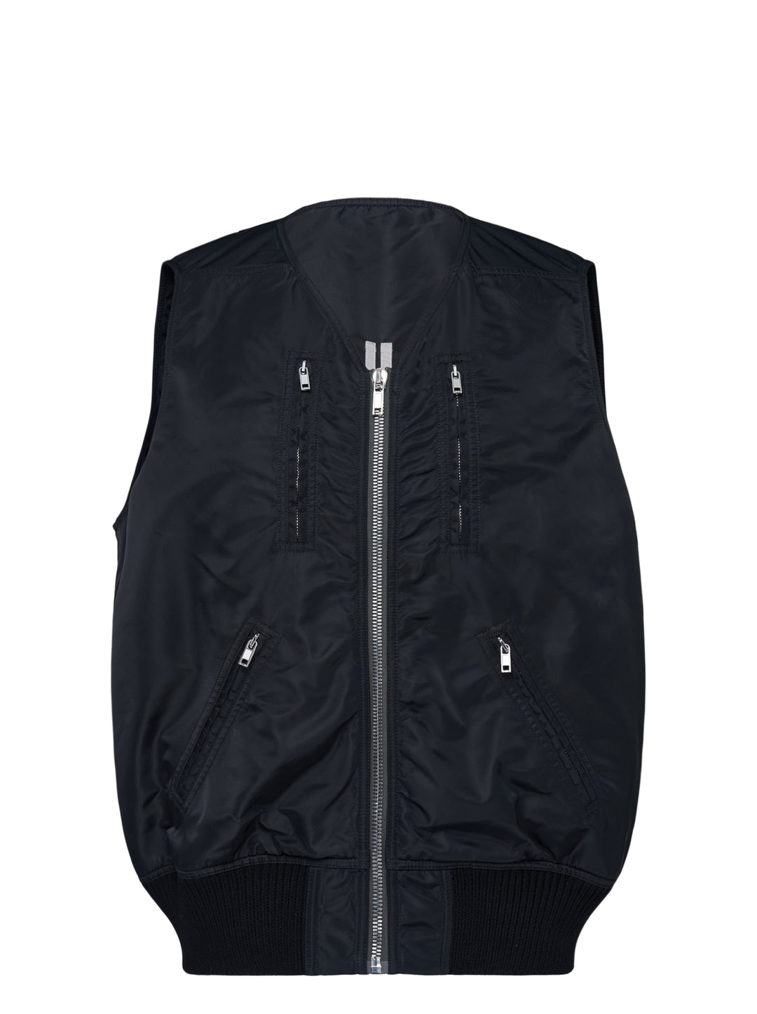 Rick Owens black washed nylon sleeveless bomber vest with V-neckline, silver front zip, four zip pockets and ribbed knit hem