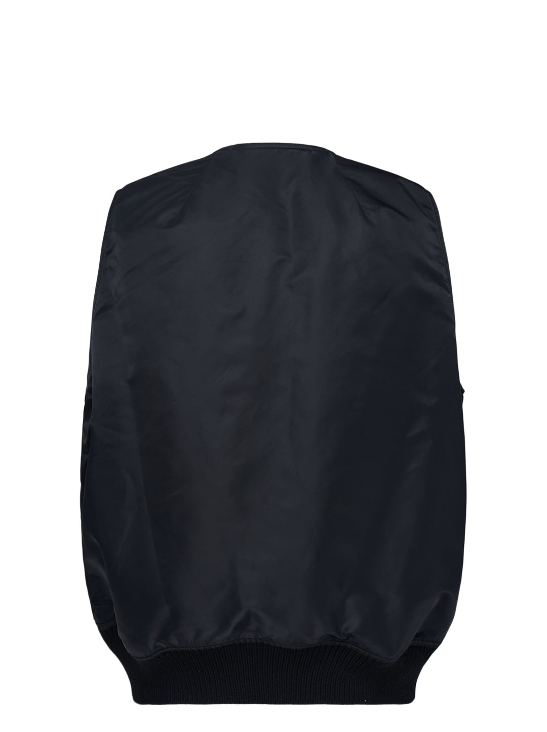 Rick Owens black washed nylon sleeveless bomber vest with V-neckline, silver front zip, four zip pockets and ribbed knit hem - view 2