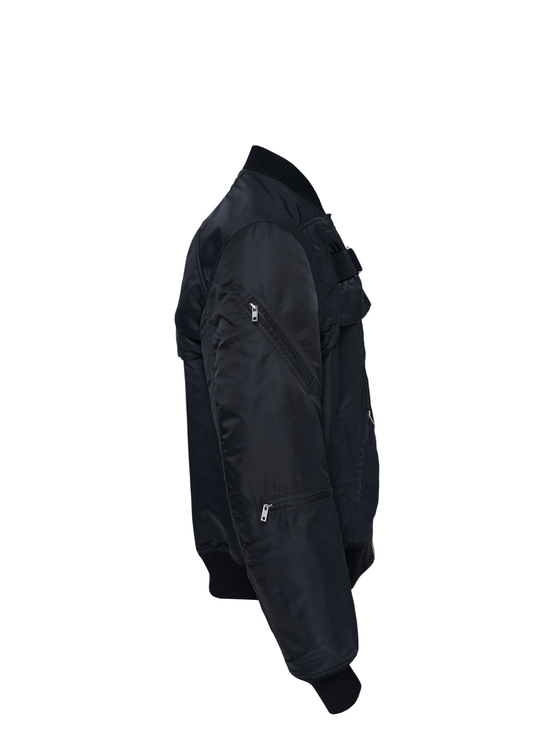 Rick Owens black washed nylon sleeveless bomber vest with V-neckline, silver front zip, four zip pockets and ribbed knit hem - view 7