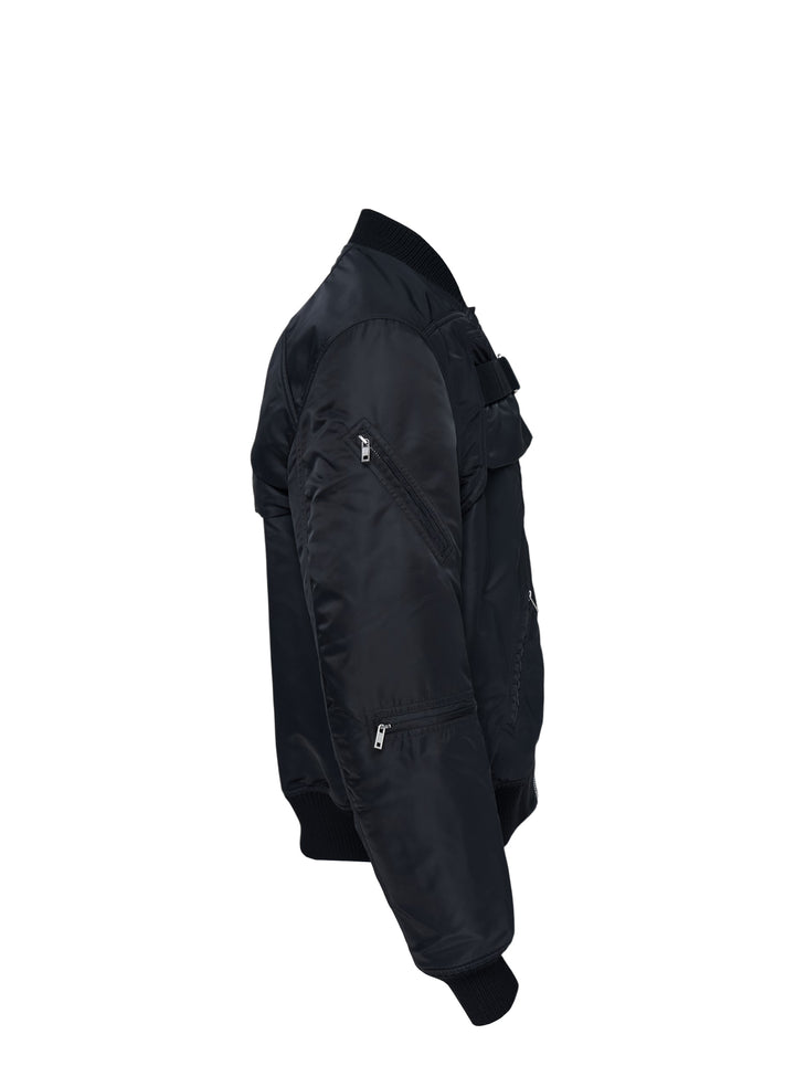 Rick Owens black washed nylon sleeveless bomber vest with V-neckline, silver front zip, four zip pockets and ribbed knit hem - view 7