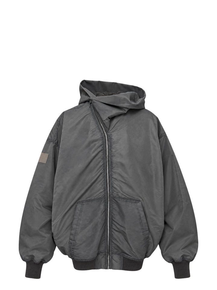 Rick Owens Mountain Hun washed bomber hoodie in faded charcoal with asymmetric zip, draped hood and ribbed cuffs