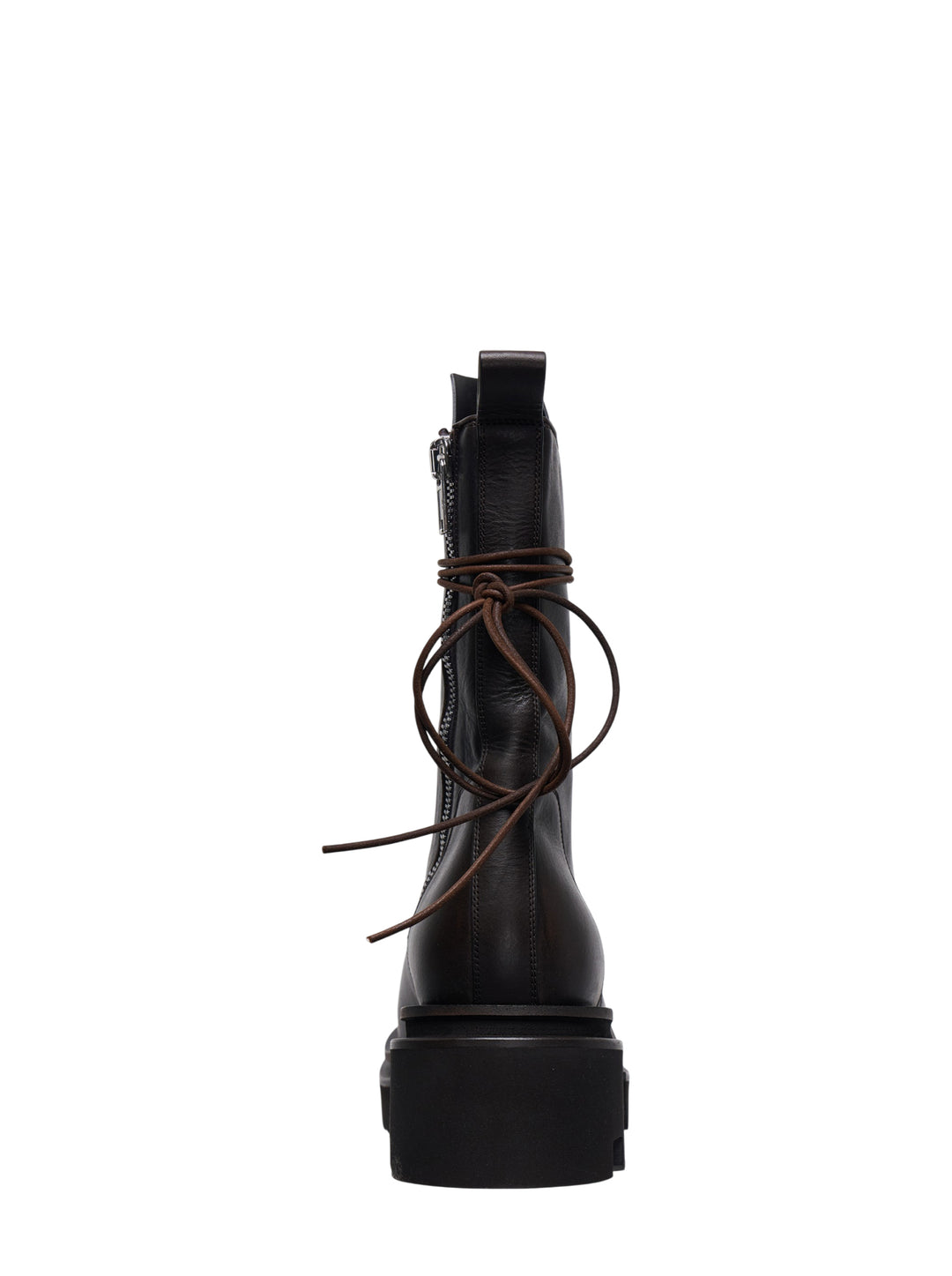 Rick Owens Bogun mid-calf lace-up boots in dark washed calf leather, featuring silver hook hardware, wrap-around brown leather lacing with a raw knot, and an exaggerated black lugged platform sole - view 3