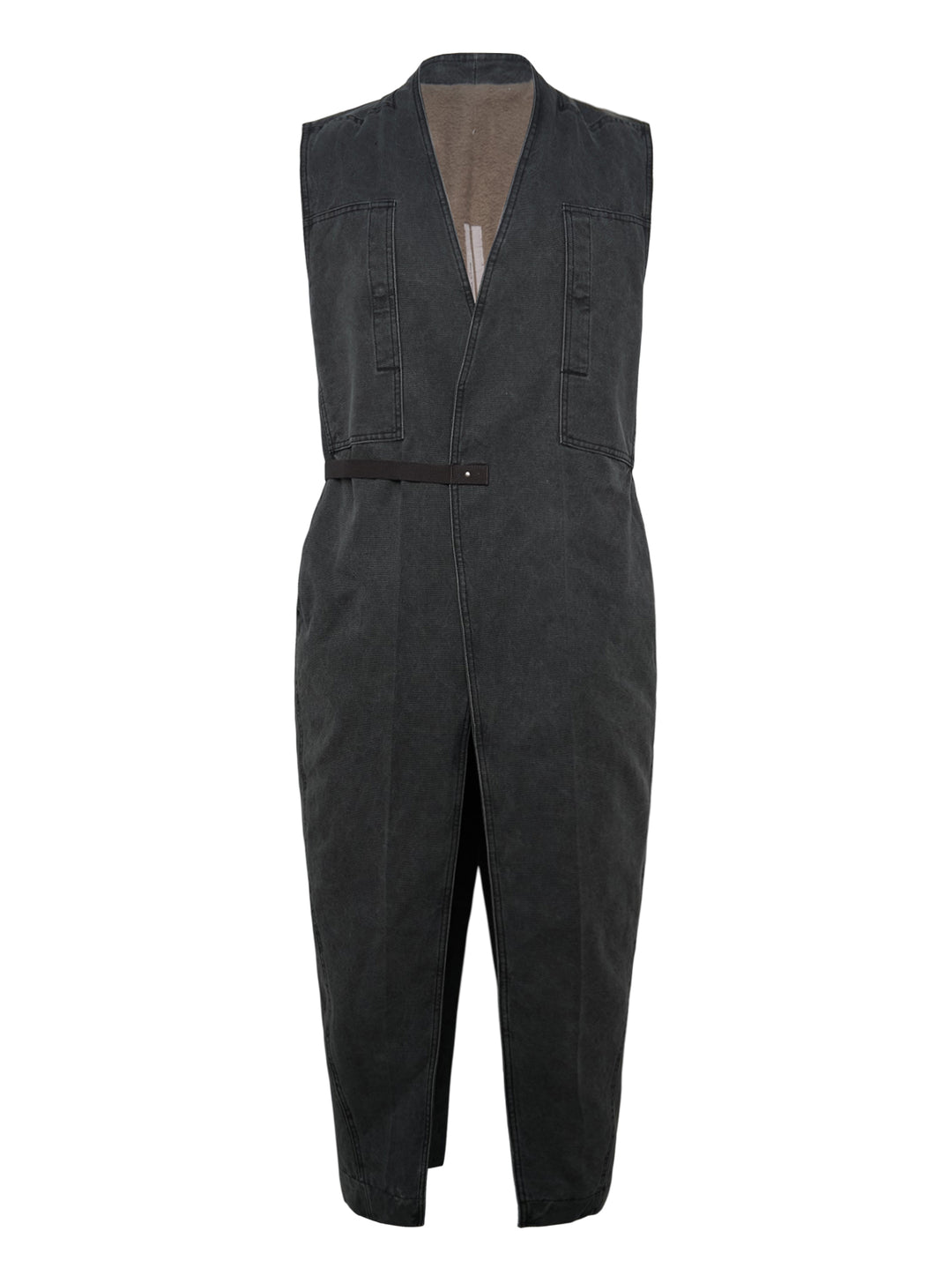 Rick Owens Long Lab Gravel Canvas Vest — sleeveless washed canvas jumpsuit with deep V-neckline, webbing belt, patch pockets, and tapered cropped legs, laid flat on white background