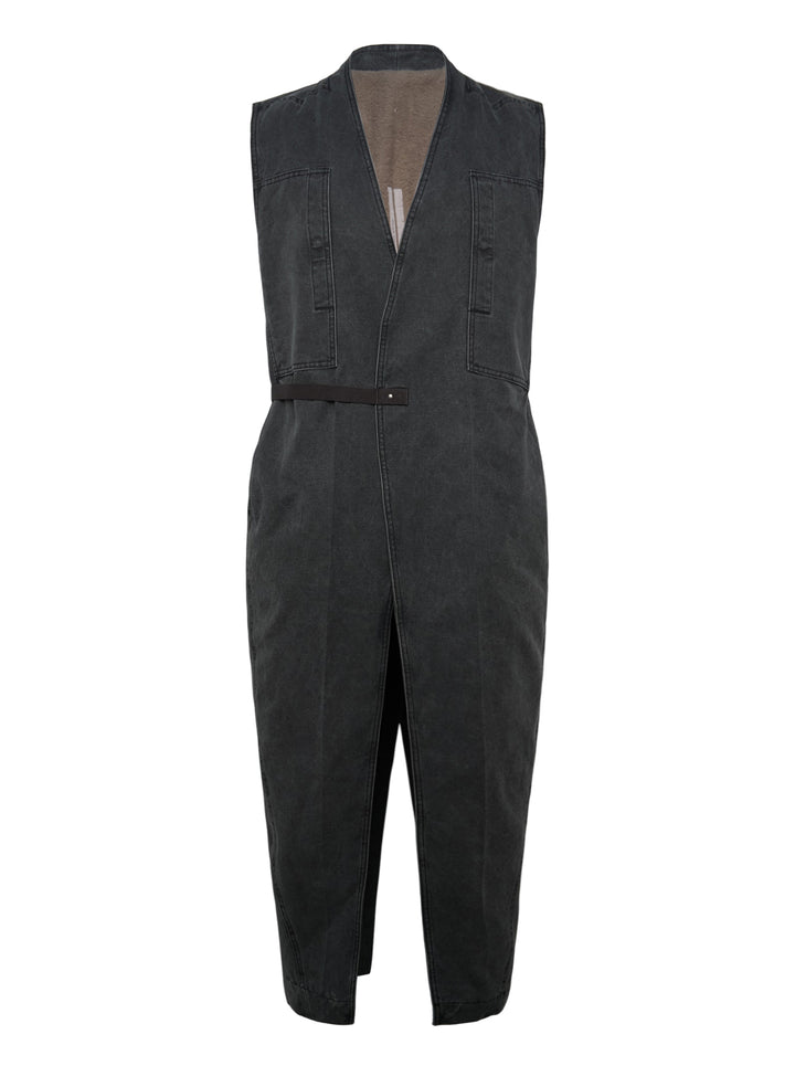 Rick Owens Long Lab Gravel Canvas Vest — sleeveless washed canvas jumpsuit with deep V-neckline, webbing belt, patch pockets, and tapered cropped legs, laid flat on white background