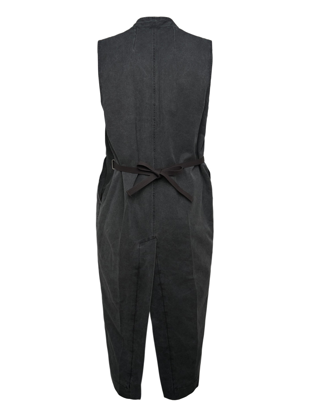 Rick Owens Long Lab Gravel Canvas Vest — sleeveless washed canvas jumpsuit with deep V-neckline, webbing belt, patch pockets, and tapered cropped legs, laid flat on white background - view 2