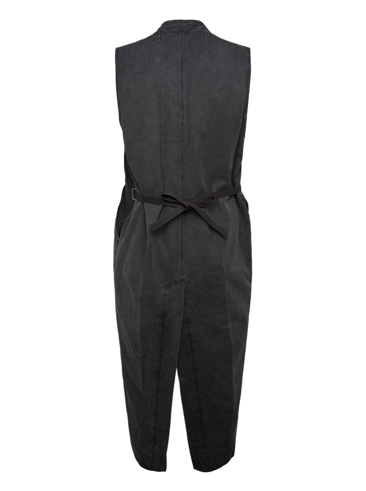 Rick Owens Long Lab Gravel Canvas Vest — sleeveless washed canvas jumpsuit with deep V-neckline, webbing belt, patch pockets, and tapered cropped legs, laid flat on white background - view 2
