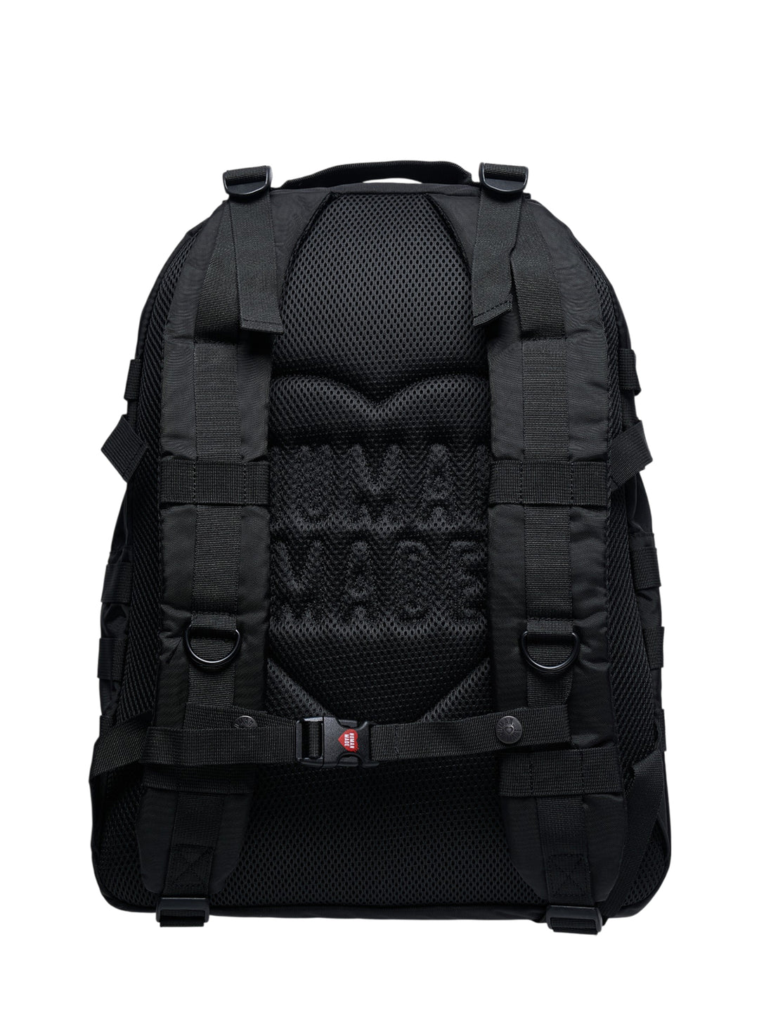 Human Made Military Backpack in black nylon featuring the heart logo print, twin buckle-clip strap fastenings on the front pocket, and an embroidered 'The Future Is In The Past' patch - view 2