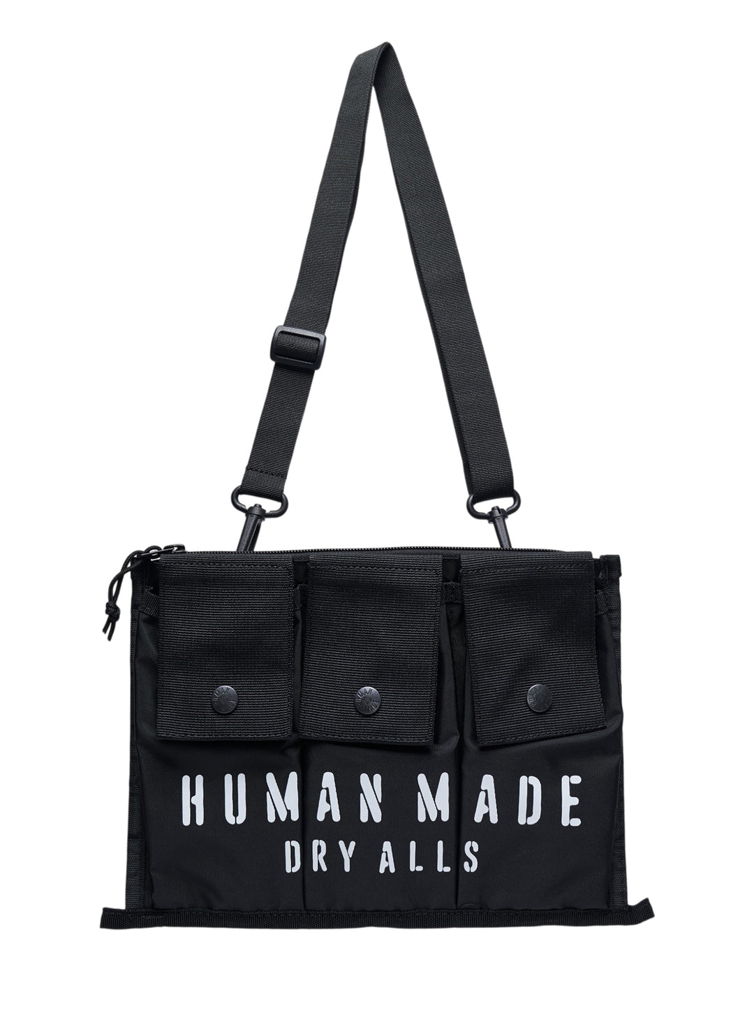 Human Made Dry Alls Military Pouch #3 in black nylon, featuring three front snap-button pockets, a main zip closure, and an adjustable webbing shoulder strap with clip hardware