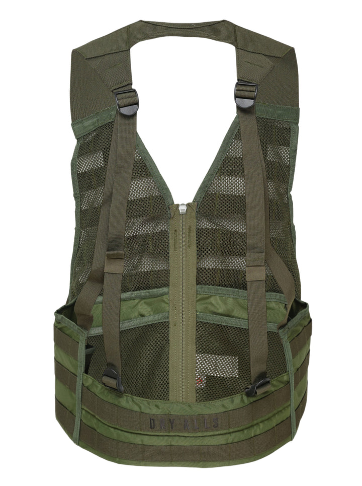 Human Made Tactical Military Vest in olive green featuring MOLLE webbing, mesh ventilation panels, centre-front zip, quick-release buckle, and 'The Future Is In The Past' slogan print - view 2