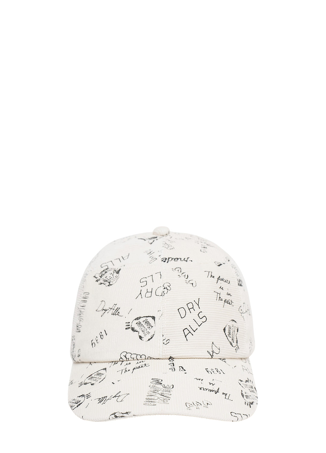 Human Made cream corduroy six-panel cap with all-over black hand-drawn graphics and slogans, shown from the back with adjustable strap - view 2