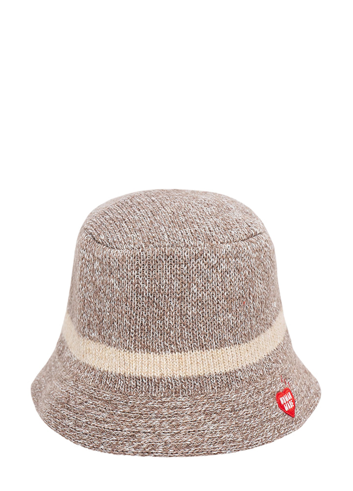 Human Made Crusher Hat in heathered brown knit with a cream stripe and a red embroidered heart logo on the brim