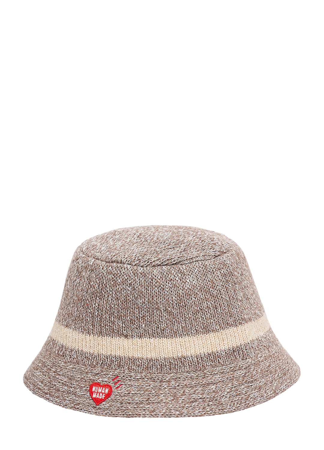 Human Made Crusher Hat in heathered brown knit with a cream stripe and a red embroidered heart logo on the brim - view 2