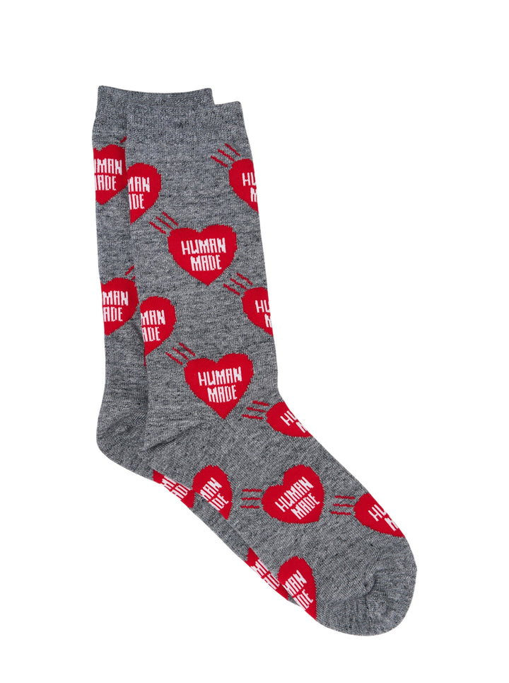 Human Made grey crew socks with all-over red heart logo print featuring 'Human Made' text and radiating line detail - view 2
