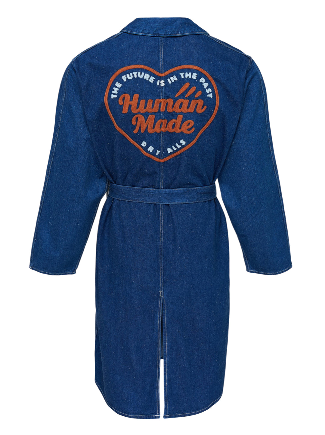 Human Made indigo denim work coat with wrap front, self-tie belt, patch pockets and orange embroidered logo on the chest pocket - view 2