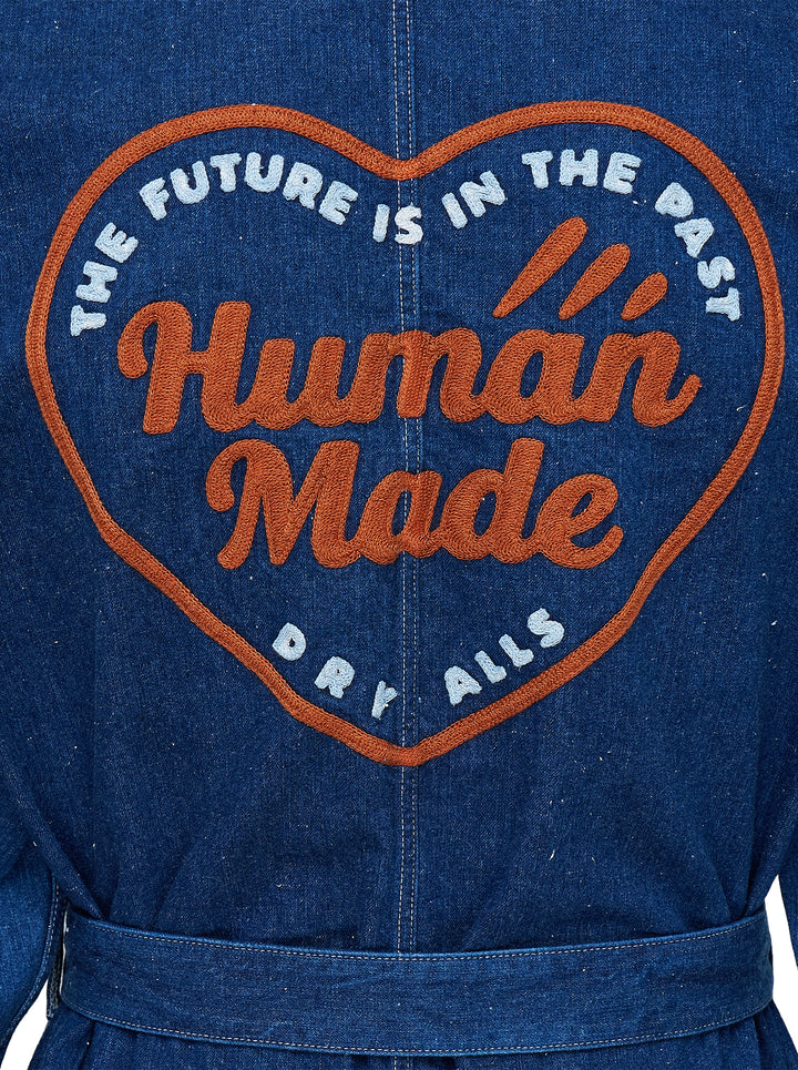 Human Made indigo denim work coat with wrap front, self-tie belt, patch pockets and orange embroidered logo on the chest pocket - view 3