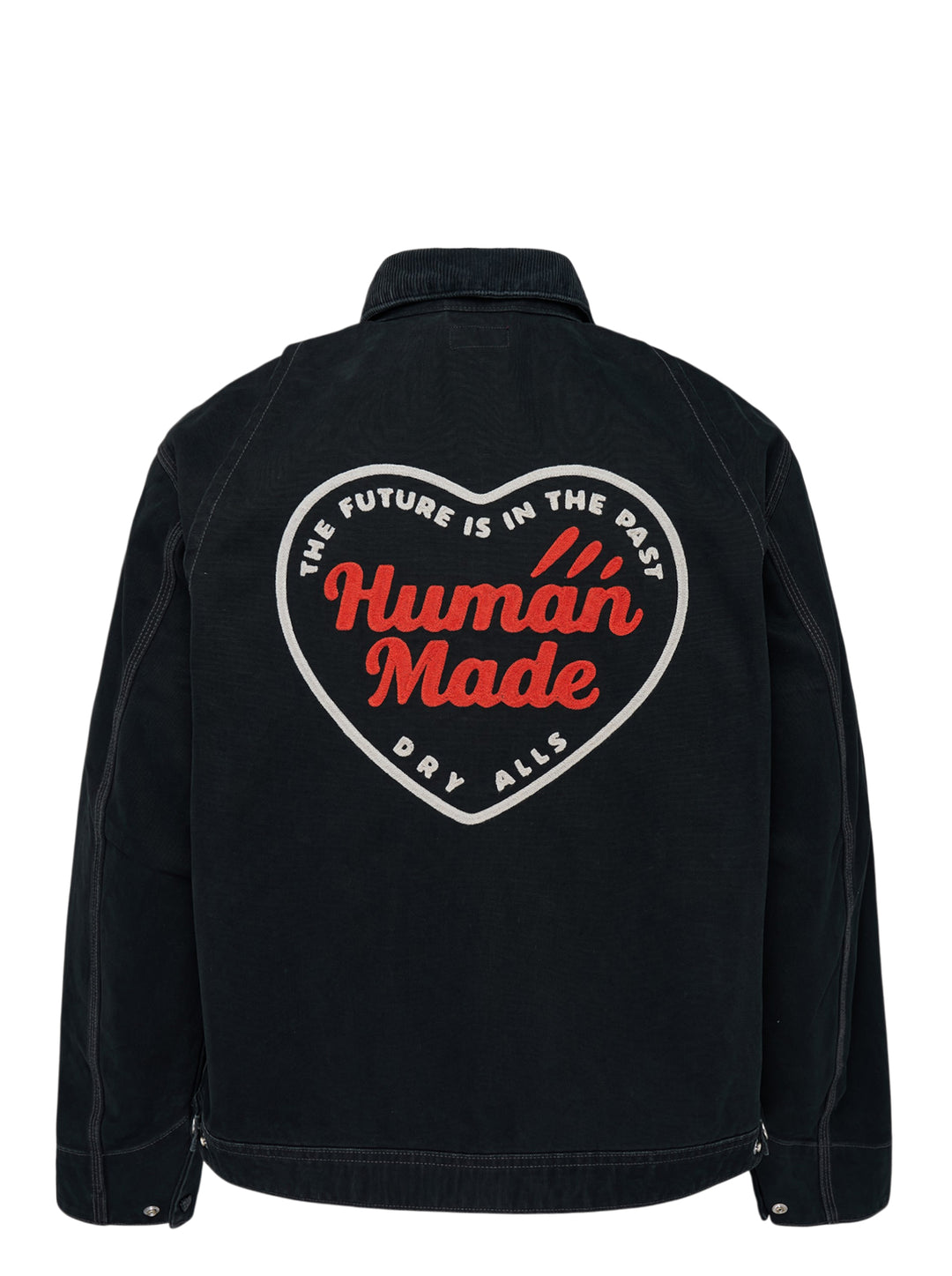 Human Made black zip-up work jacket with corduroy collar, brass two-way zip and embroidered red and white heart logo patch on the chest - view 2