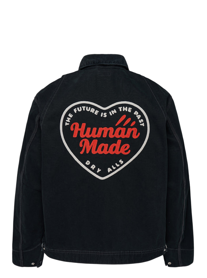 Human Made black zip-up work jacket with corduroy collar, brass two-way zip and embroidered red and white heart logo patch on the chest - view 2