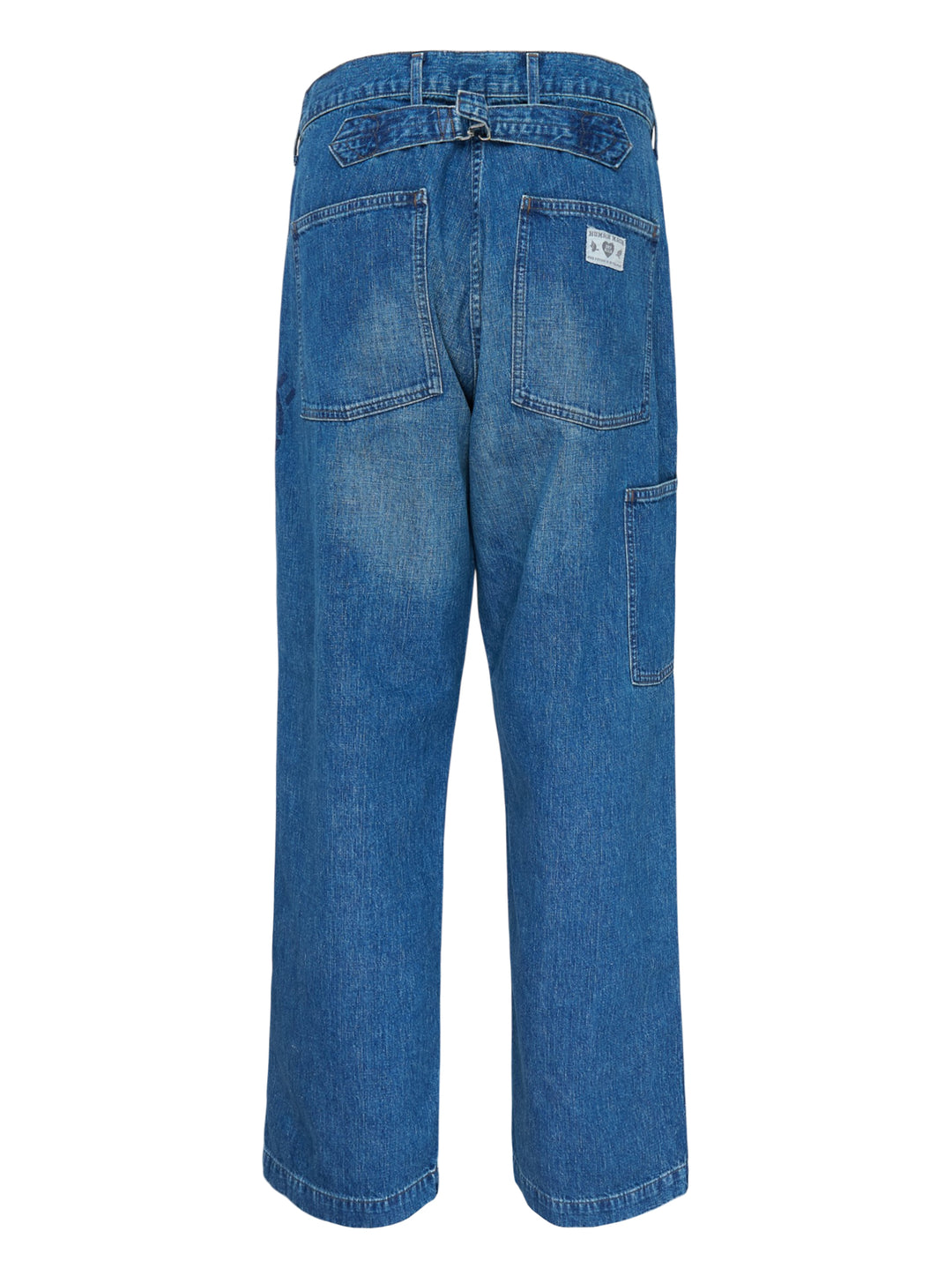 Human Made baggy denim pants in washed mid-blue with oversized patch pockets and a heart logo print on the leg, shown from the front - view 2