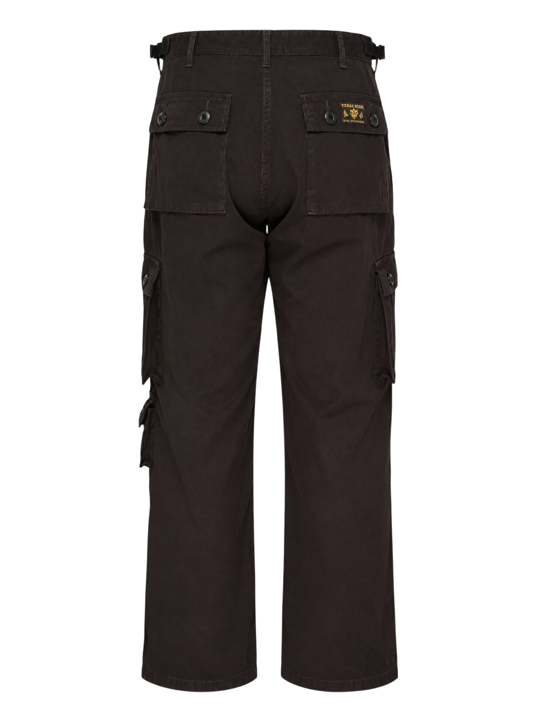 Human Made multi-pocket cargo pants in dark espresso brown, featuring a wide-leg silhouette, buckle waistband, and multiple buttoned utility cargo pockets - view 2