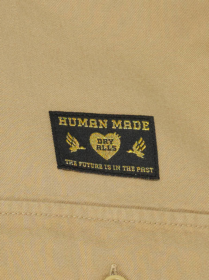 Human Made Twill Epaulette Long Sleeve Shirt in khaki cotton twill, featuring epaulette shoulders, twin flap chest pockets, button-down front placket, and a woven Human Made branding patch on the chest - view 3