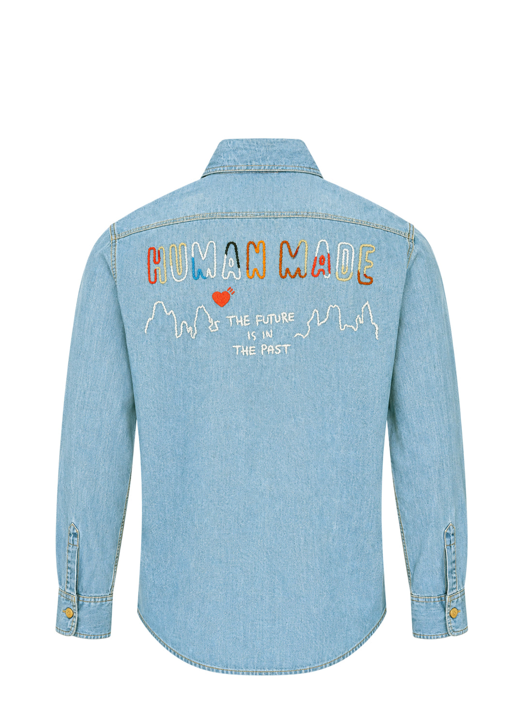 Human Made Embroidered Long Sleeve Chambray Shirt in light-wash denim, featuring a flying duck and deer head embroidery above dual chest pockets, with amber buttons and Human Made script embroidery - view 2