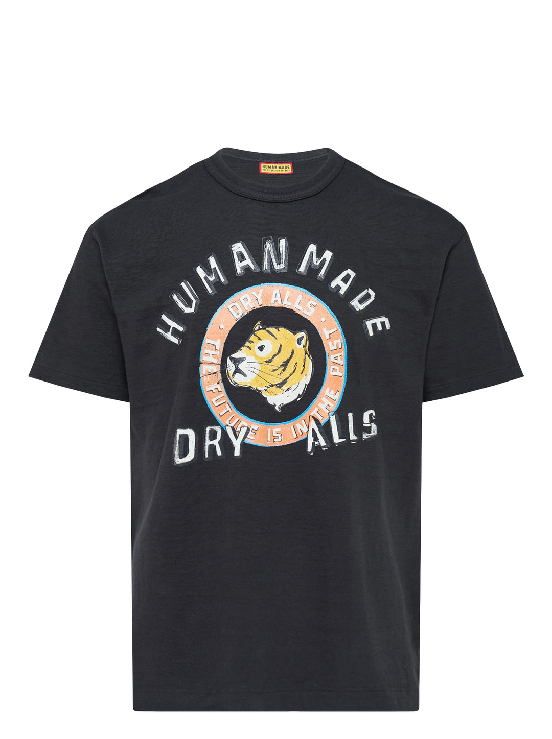 Human Made black short-sleeve graphic t-shirt featuring a tiger head crest, 'Dry Alls' circular slogan and painted-style Human Made lettering on the chest