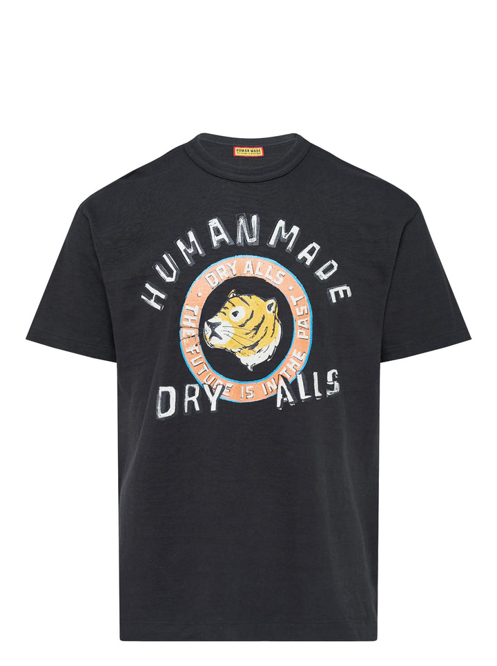 Human Made black short-sleeve graphic t-shirt featuring a tiger head crest, 'Dry Alls' circular slogan and painted-style Human Made lettering on the chest