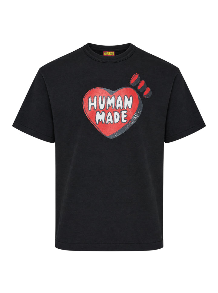 Human Made black short sleeve crew neck t-shirt with a large red hand-drawn heart graphic and 'Human Made' bubble lettering on the chest