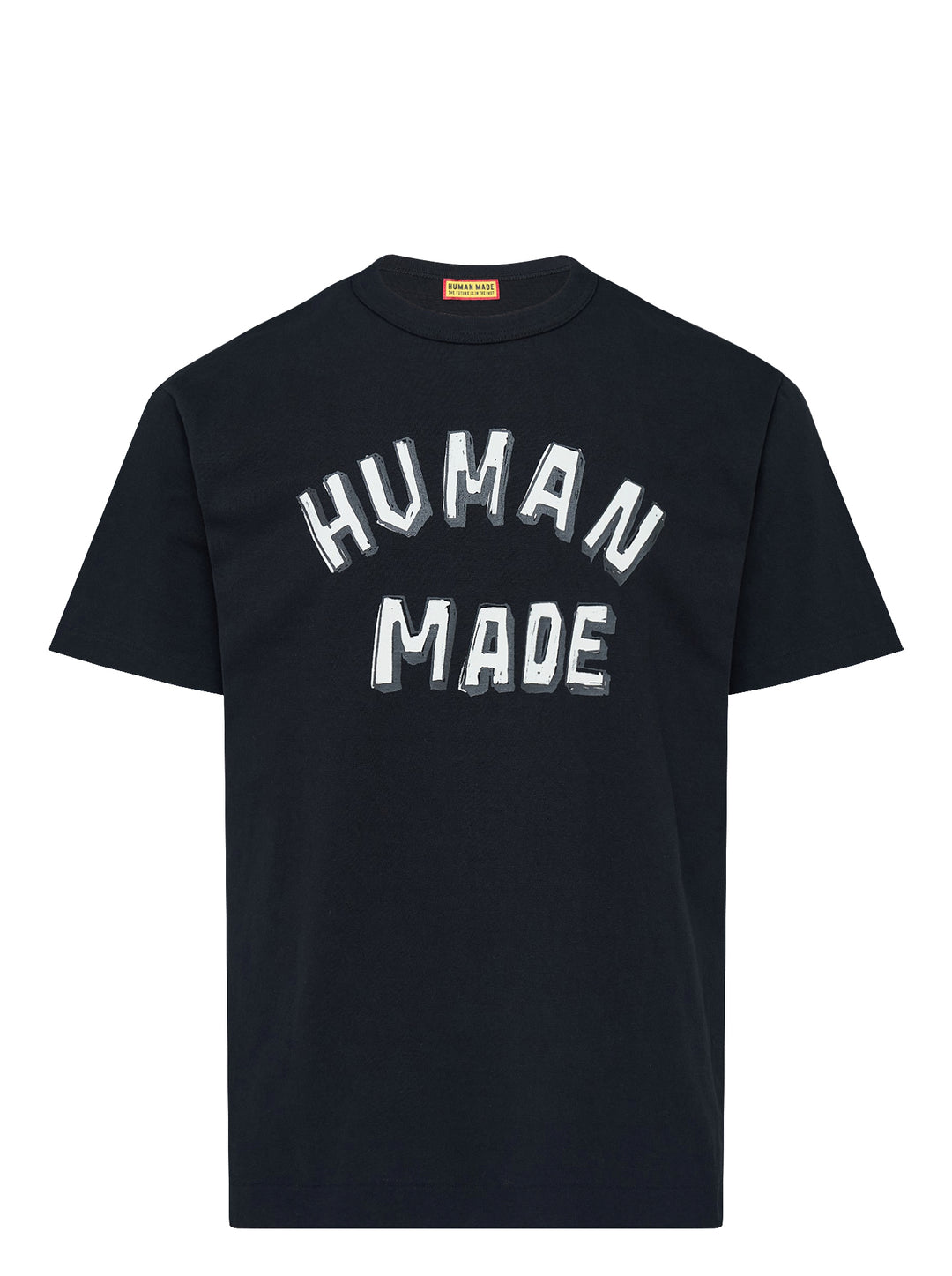 Human Made black short sleeve graphic t-shirt with white and grey hand-drawn arched logo print on the chest