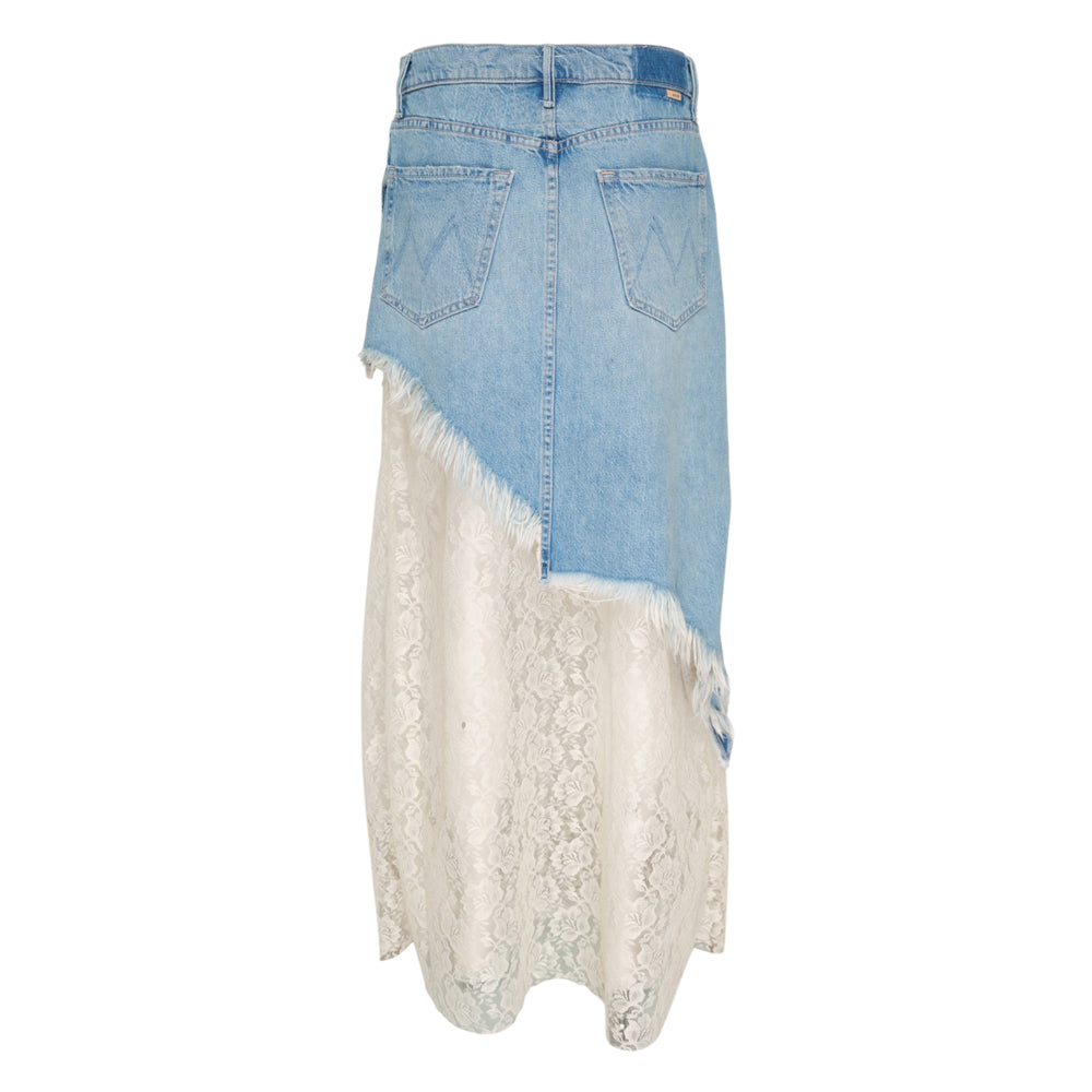 Mother Peek-A-Boo Maxi Skirt in light-wash denim with an asymmetric raw-edge seam transitioning into an ivory floral lace panel, midi length, high-rise waist with five-pocket detail