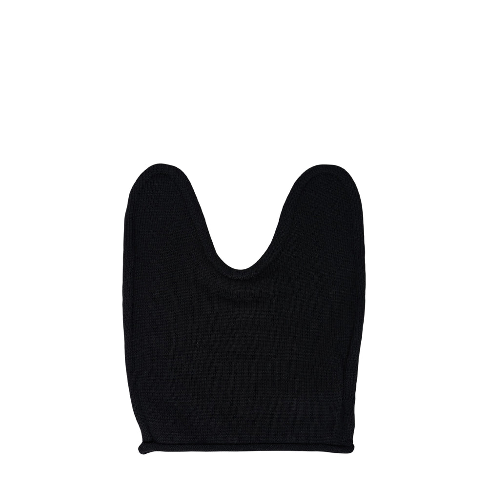 Open YY Wire Knit Beanie in black, displayed flat to show the sculptural dual-pronged silhouette with a deep U-shaped cutout and rolled hem