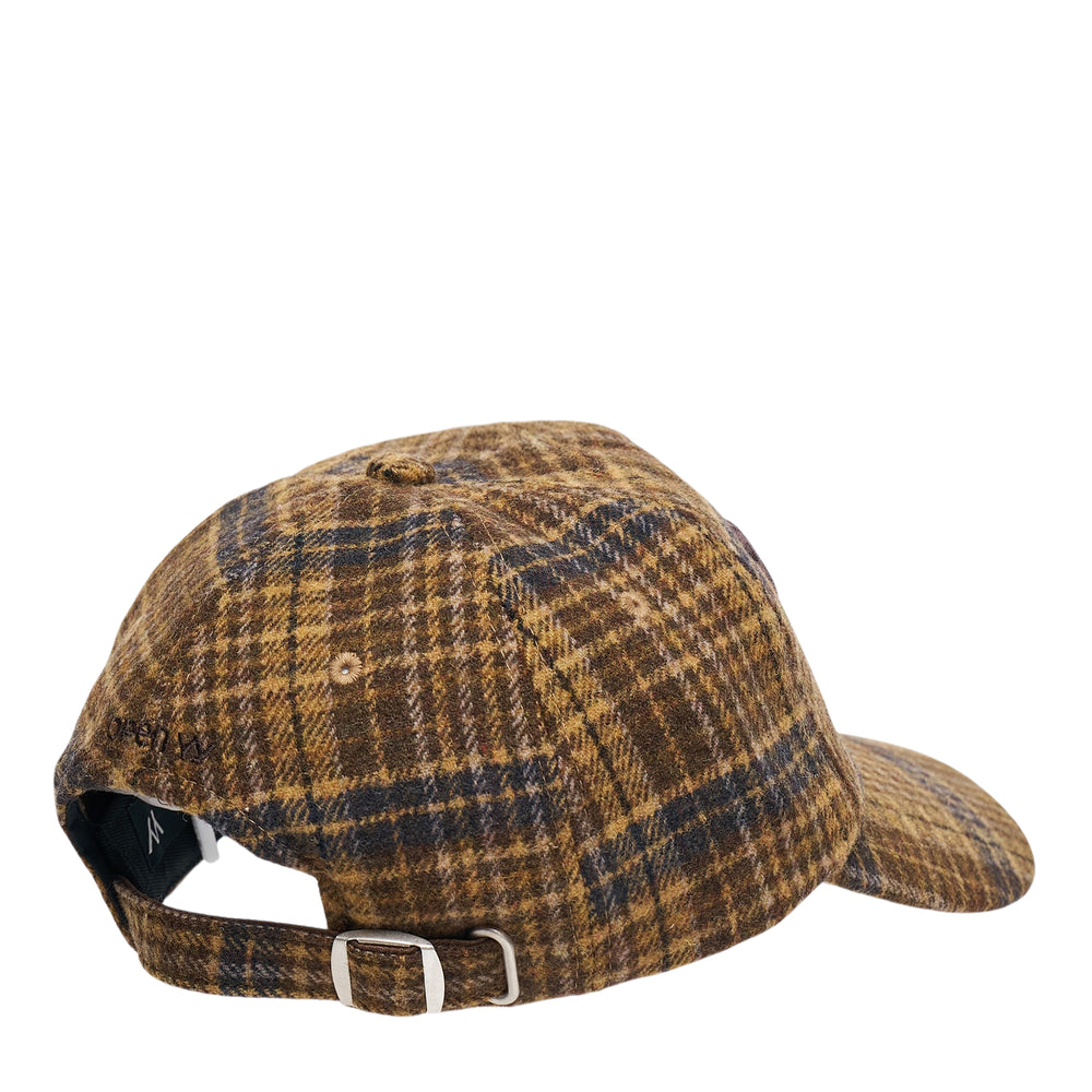 Open YY Checkered Heart Bone Ball Cap in ochre and charcoal plaid wool with an oversized 3D embroidered crown logo on the front panel - view 2